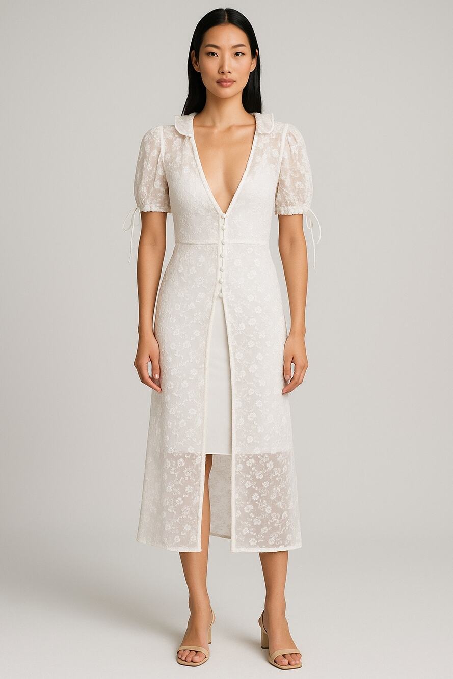 Majorelle White Floral Lace Short Sleeve Plunge Ruffle Sheer Midi Dress XS